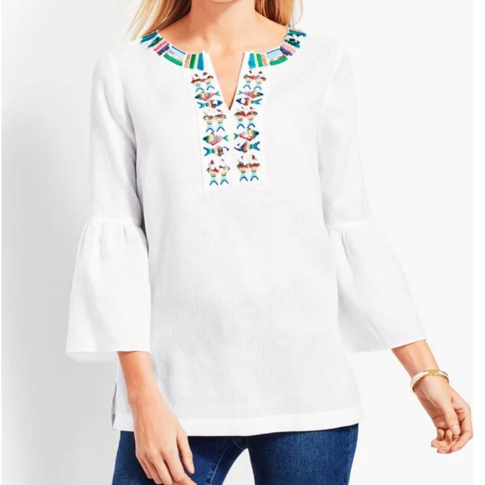 Talbots Linen Fish Embroidered Beaded Tunic